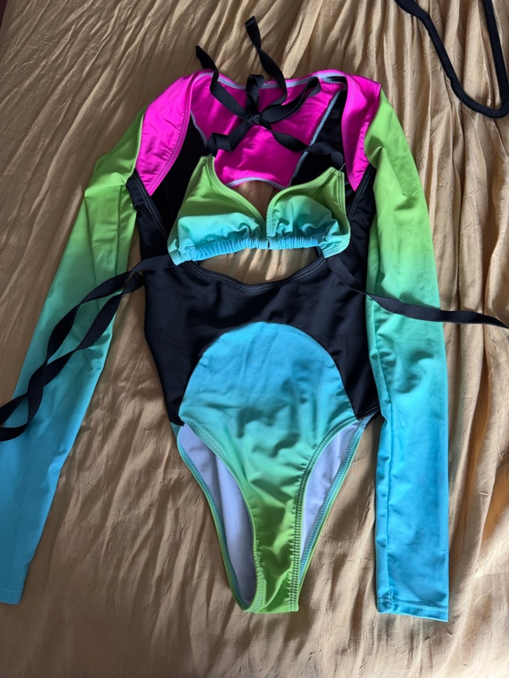 Women’s Gradient Green-Blue One-Piece Swimsuit with Pink Accent